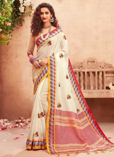 Off White Colour STYLEWELL ANOKHI Fancy Designer Festive Wear Jacquard Linen Exclusive Embroidery Stylish Saree Collection 757
